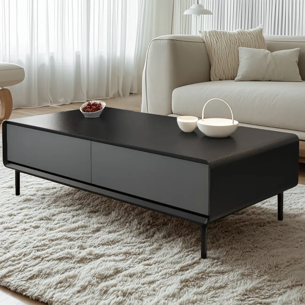 Modern Minimalist Wood Black Coffee Table with Drawers & Legs