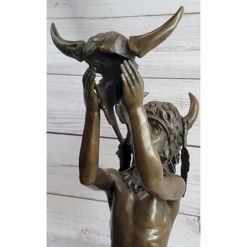 Native American Indian Shaman Medicine Man Holding Bison Skull Bronze Statue Sculpture 23 Inches X 11 Inches