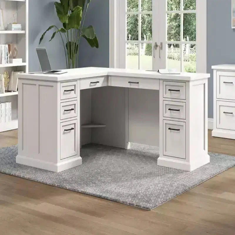 L-Shaped Pedestal Desk with Storage White: Modern Shaker Doors, Bead Board Panels, Built-in Power