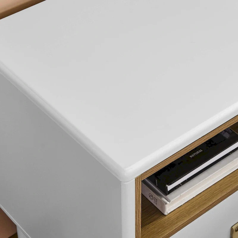 Nightstand - MDF & Solid Wood, 1 Drawer, Open Shelf, Leather Handles, 18.9W x 21.65H, Modern