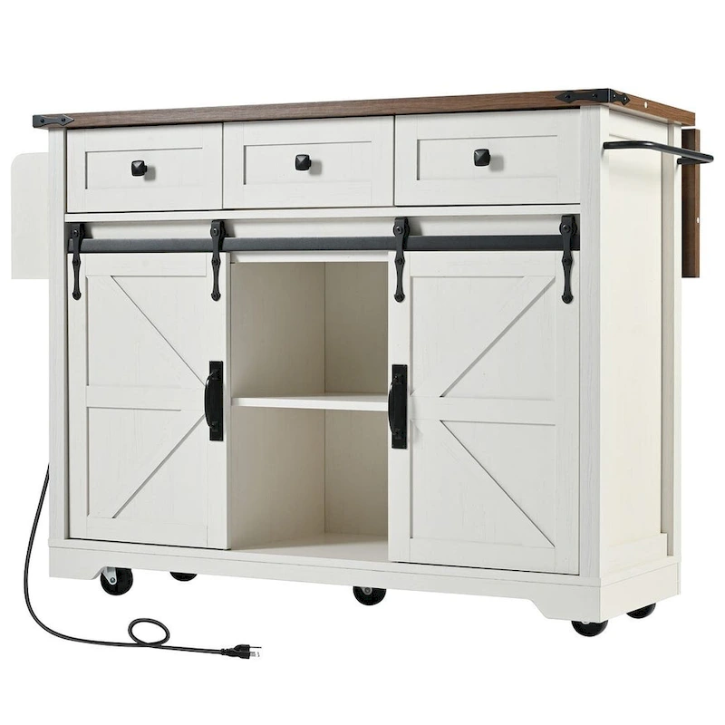 Farmhouse Kitchen Island Cart with Wheels, Power Outlet