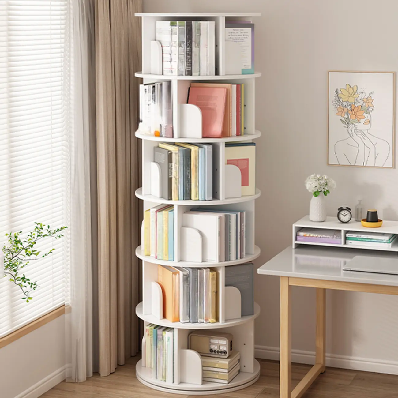 Brown Cylindrical Wooden Rotating Open-Back Bookcase