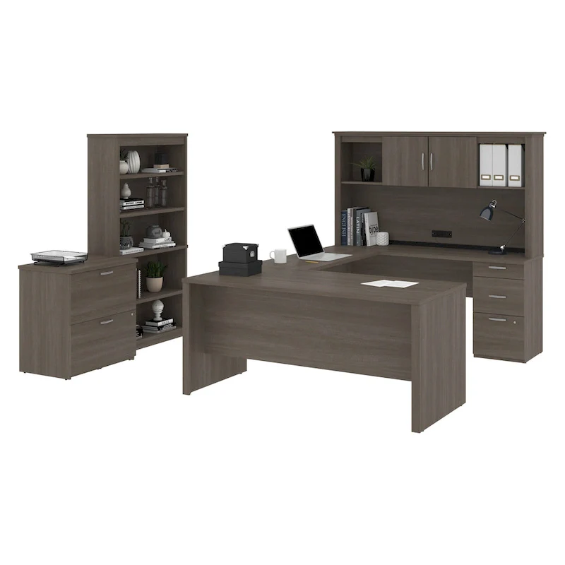 Logan 66W U-Shaped Desk with Hutch, Cabinet, and Bookcase
