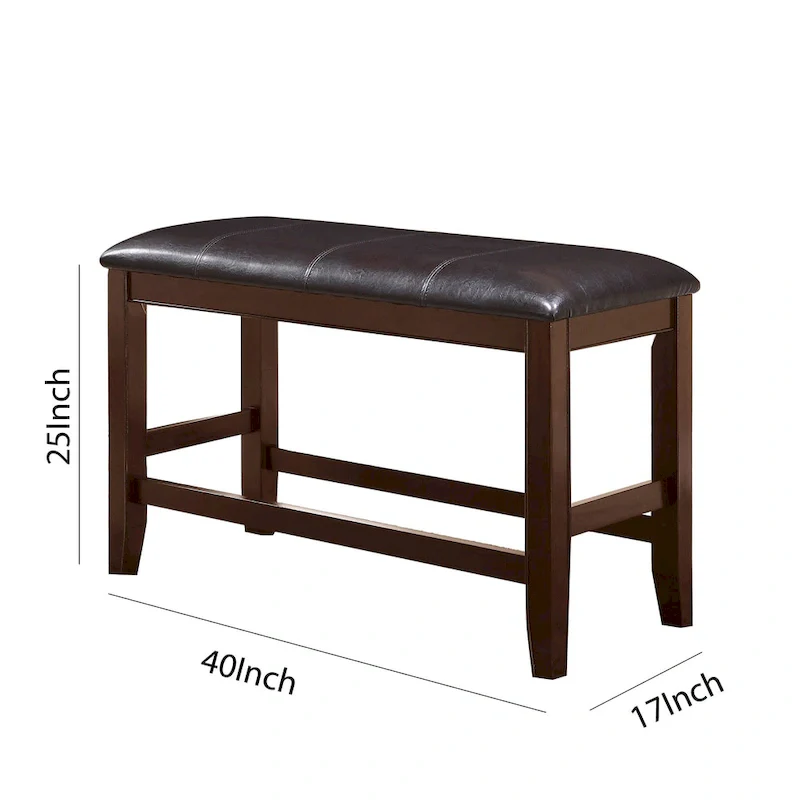 Wooden Counter Height Bench with Leatherette Seat, Brown and Black