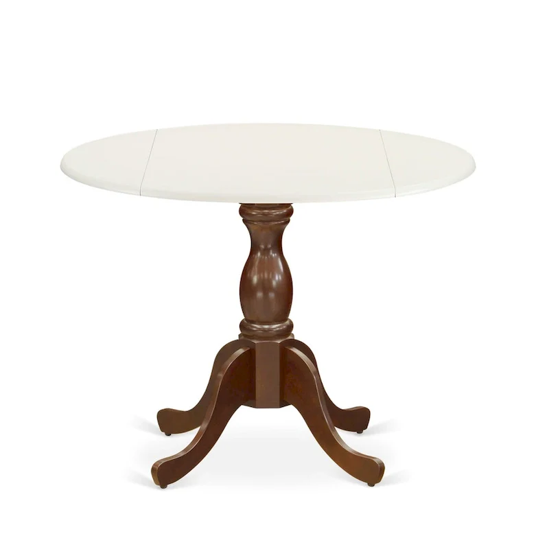 Dining Table — Round Tabletop (With Drop Leaves) And Pedestal Base; Two-Tone Finish In Linen White And Mahogany.