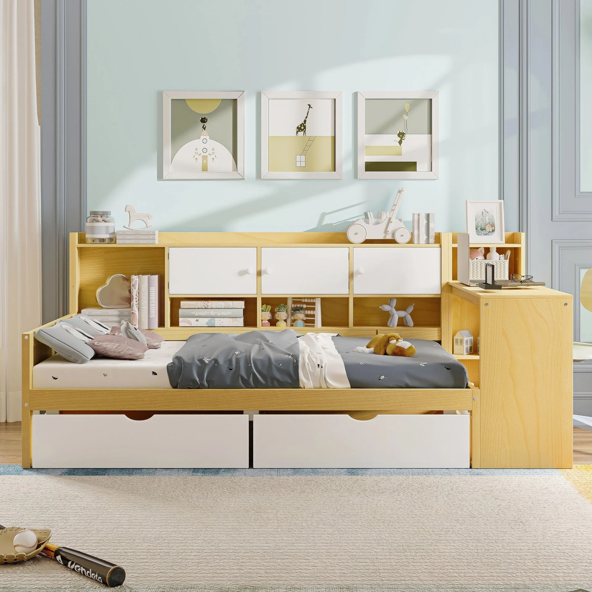 Walker Edison | Multi-Functional Wooden L-Shape Daybed with Storage Cabinets and Drawers
