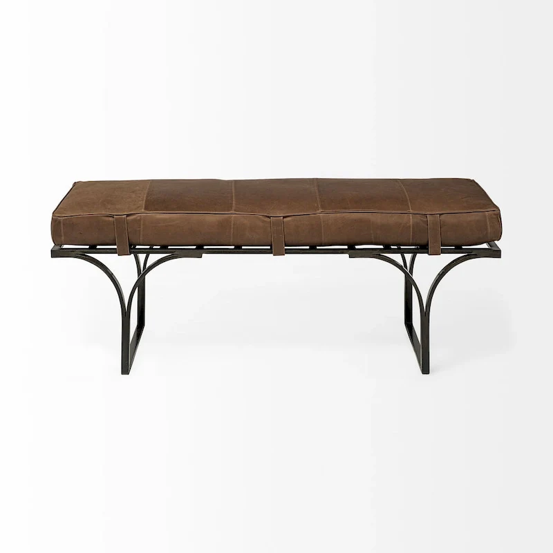 Jessie 55L x 16W Brown Leather Seat W/Black Metal Base Accent Bench - 55.0L x 16.0W x 19.0H