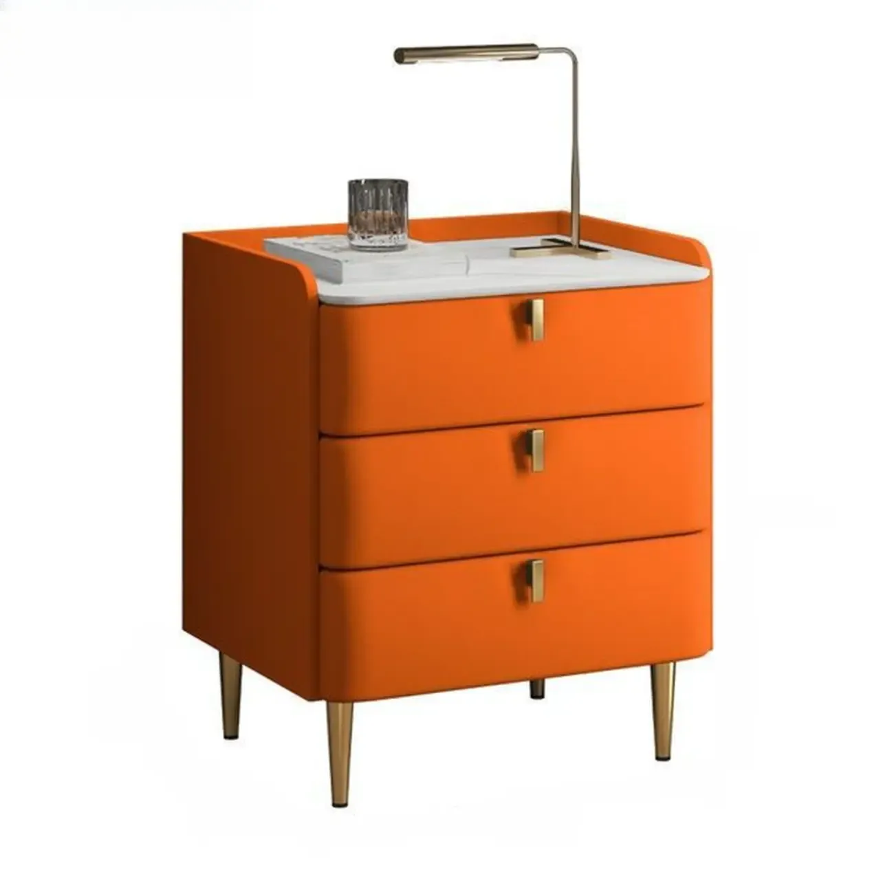 Modern Leather Stone Top Gold Accents 3-Drawer Nightstand