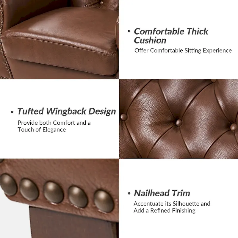 Traditional Genuine Leather Accent Chair with Tufted Wing Back