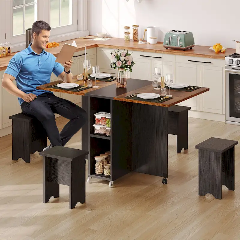 Moasis 5 Pieces 7 Pieces Folding Dining Set with Drop Leaf Table and Storage Stools for up to 6 People