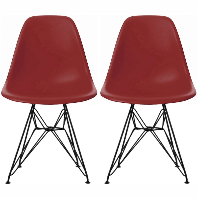 Set of 2 Mid-Century Modern Dining Side Chairs Armless Plastic Shell Seat with Black Metal Wire Eiffel Base, White