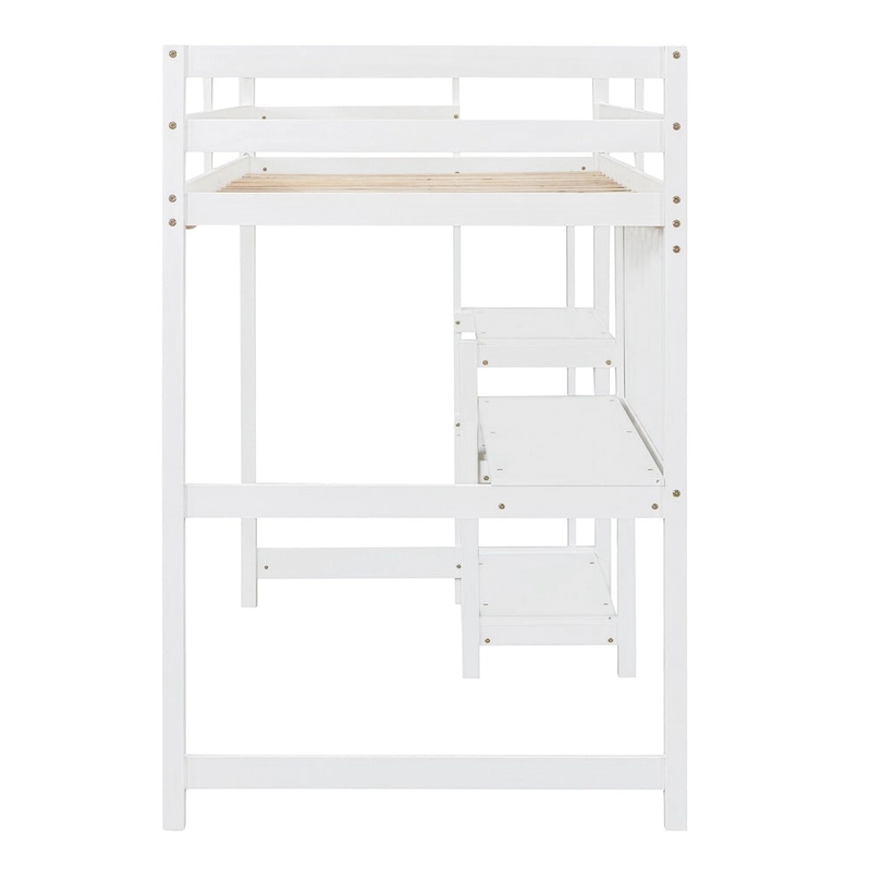 White Twin Wood Loft Bed with Shelves, Desk, Writing Board, Guardrail