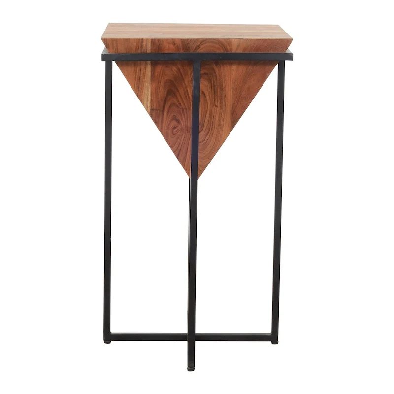 26 Inch Pyramid Shape Acacia Wood Side Table With Cross Iron Base, Brown and Black
