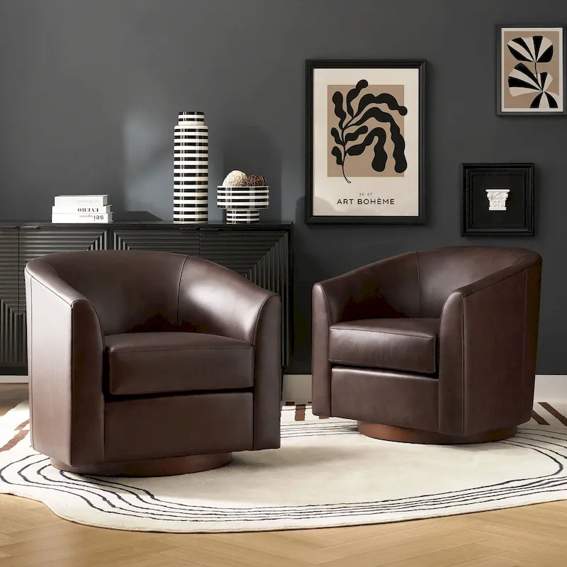 Althea Modern Genuine Leather Swivel Barrel Chair with Solid Wood Base Set of 2 By HULALA HOME