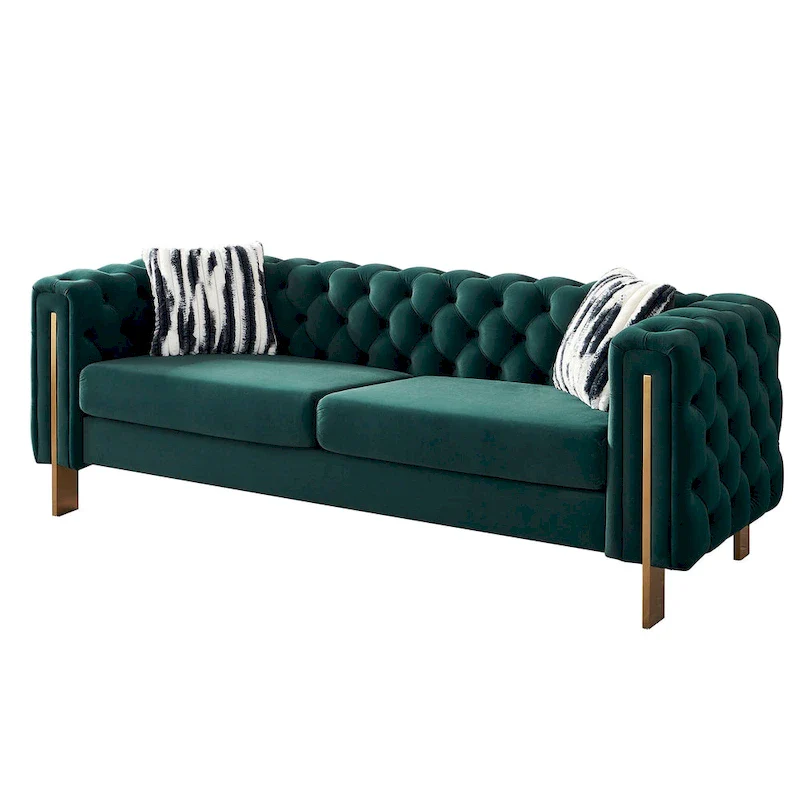 84.25 Luxurious Tufted Velvet Upholstered 3-Seater Sofa with Golden Metal Armrest Design and Buttoned Tufted Backrest