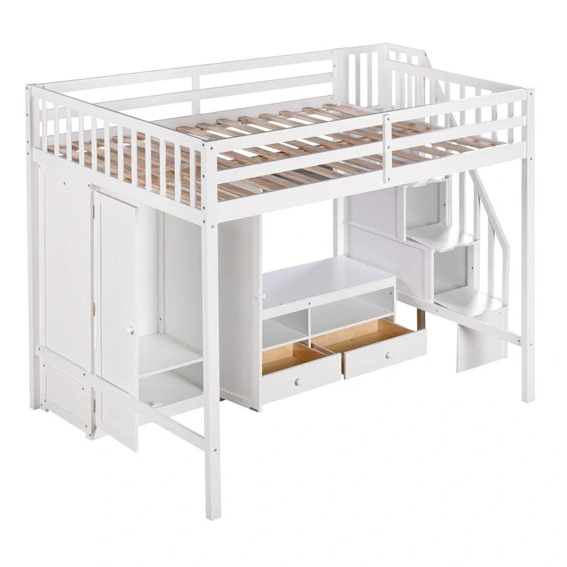 Full Size Solid Wood Loft Bed Frame with Wardrobe, Low Storage Table and Storage Staircase
