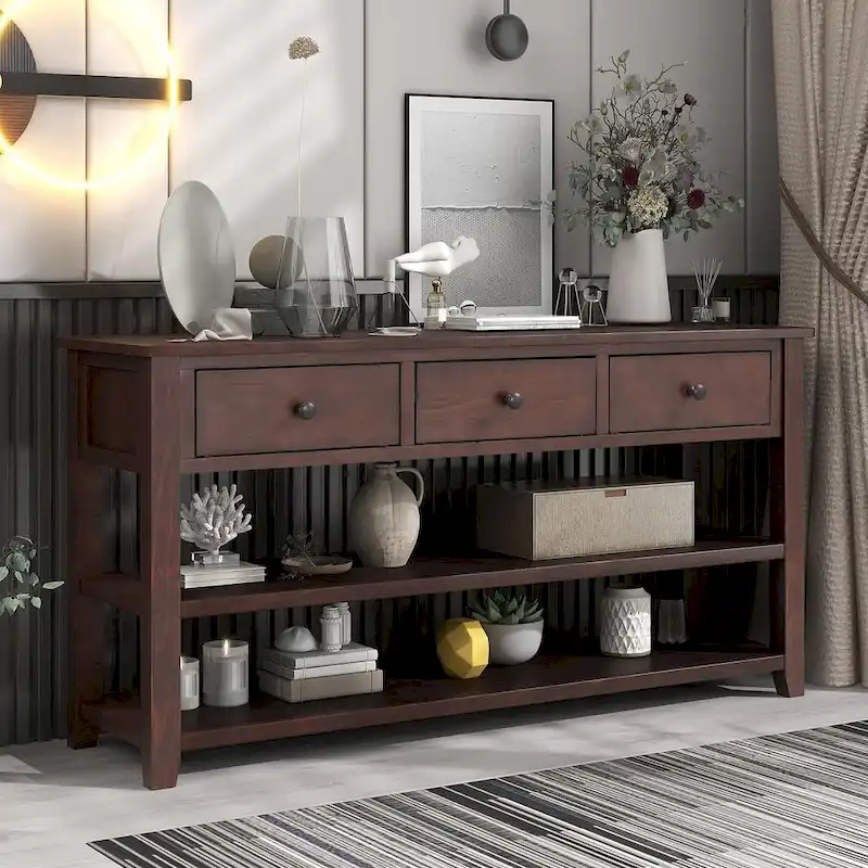 Mid-Century Solid Wood Console Table 3 Drawers 2 Shelves Entryway Storage