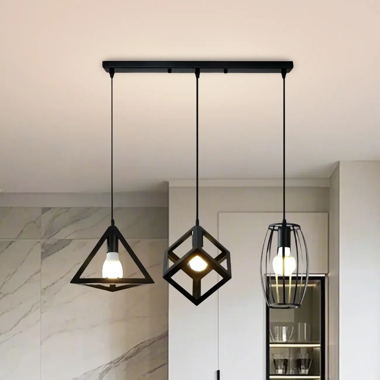 Industrial Black Geometric Adjustable Island Pendant Light