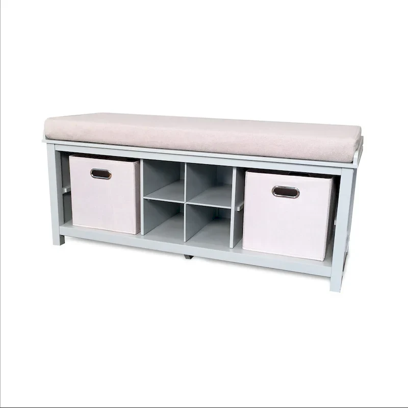 Grey Solid Wood Entryway Bench with 3 Cubbies, Shoe Divider, 2 Storage Bins & Cushion, 2-Person