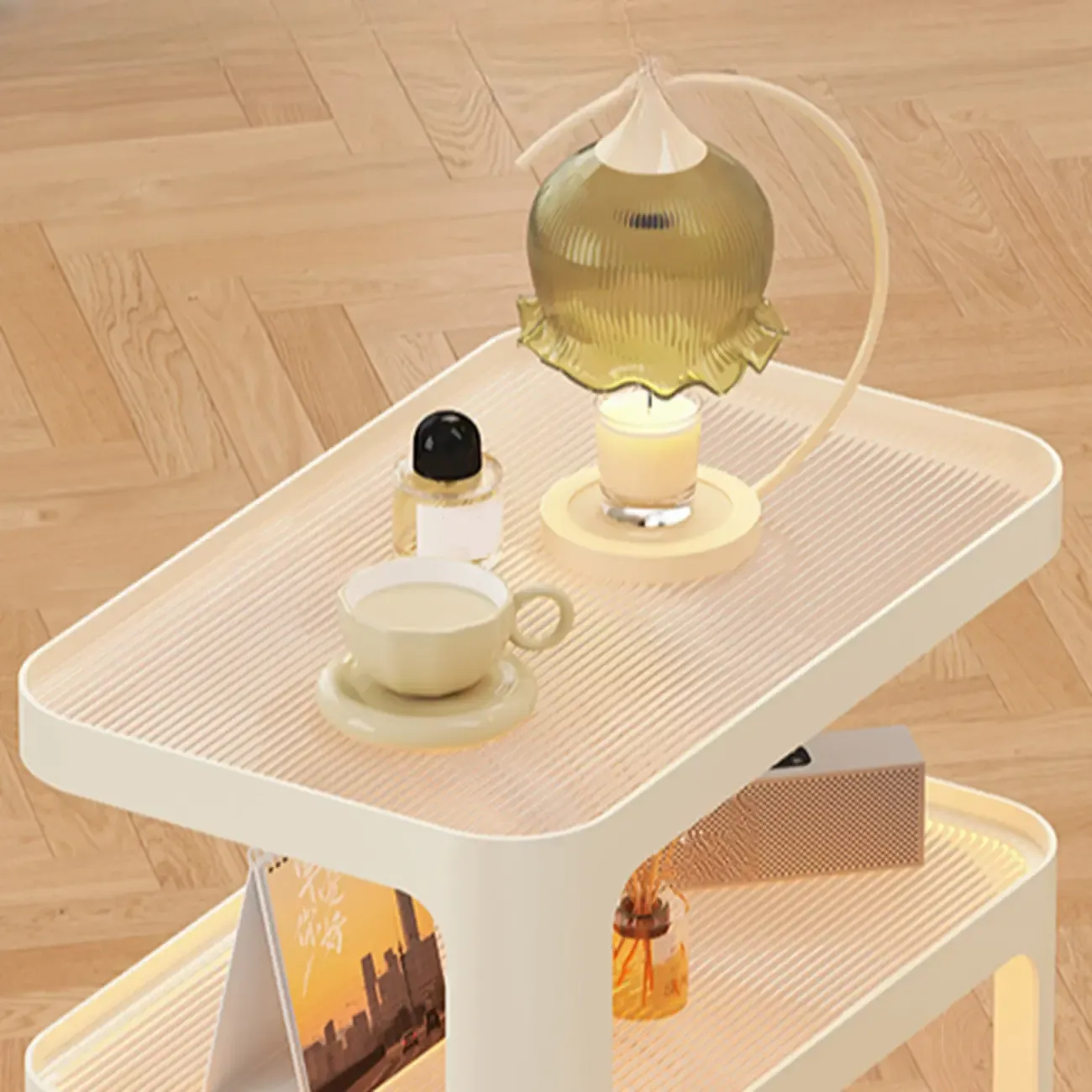 Modern White Glass Shelf 3-Tier Rolling Side Table