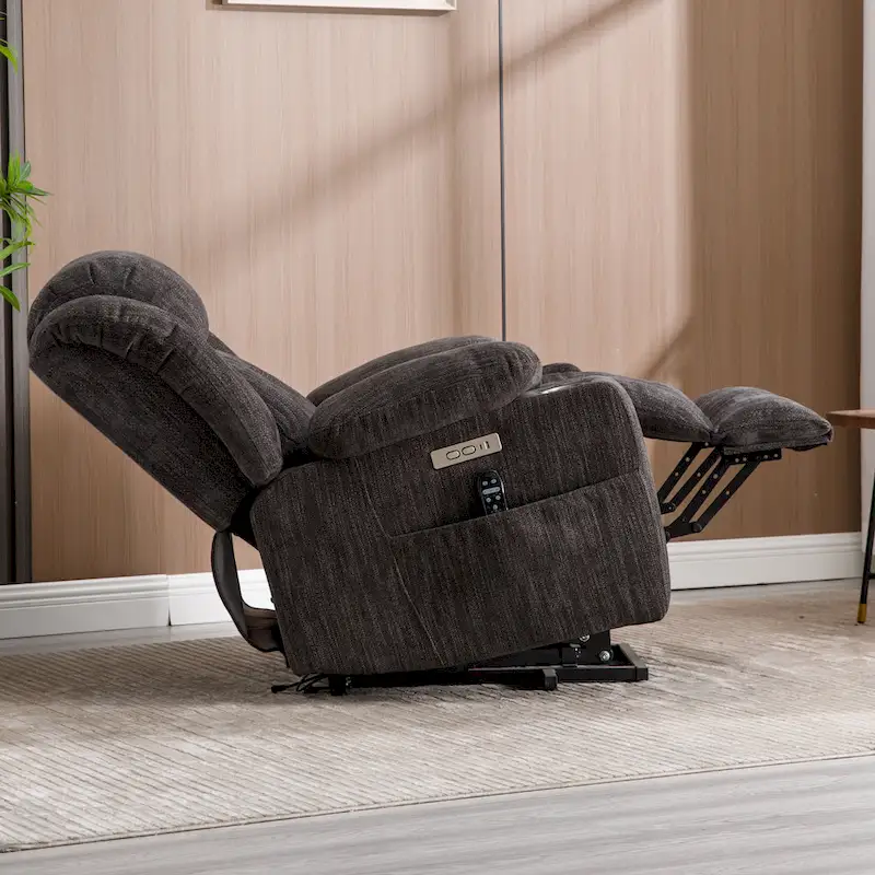 Grey Chenille Power Lift Recliner with Massage, Heating, USB, Cup Holders