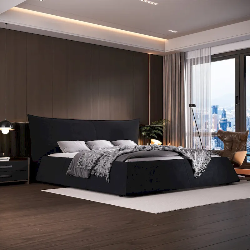 King Size Velvet Upholstered Platform Bed Frame with Soft Padded Headboard