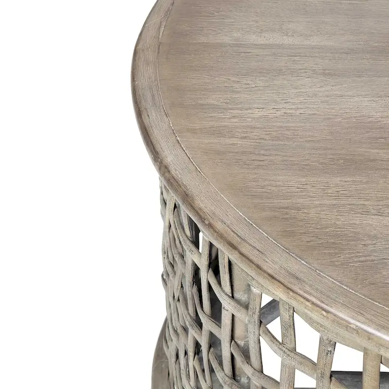 Grey Solid Wood Rattan Round Coffee Table by East at Main