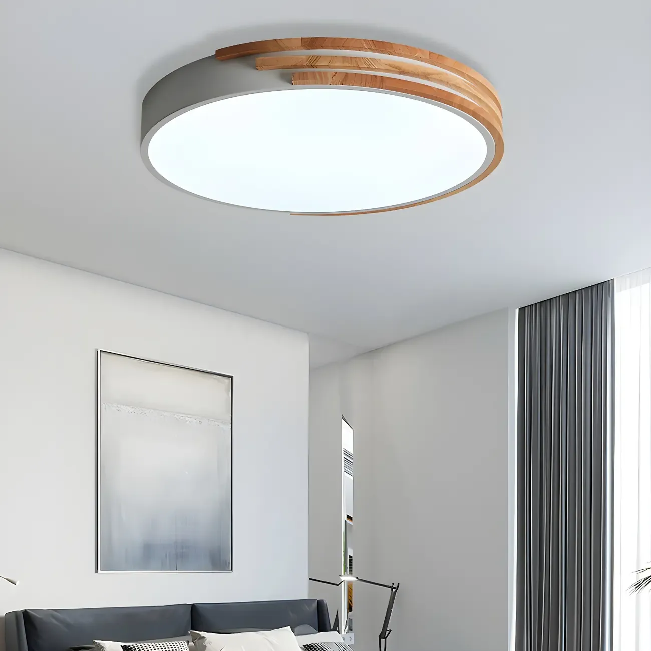 Modern Wood Round Flush Mount White LED Ceiling Light