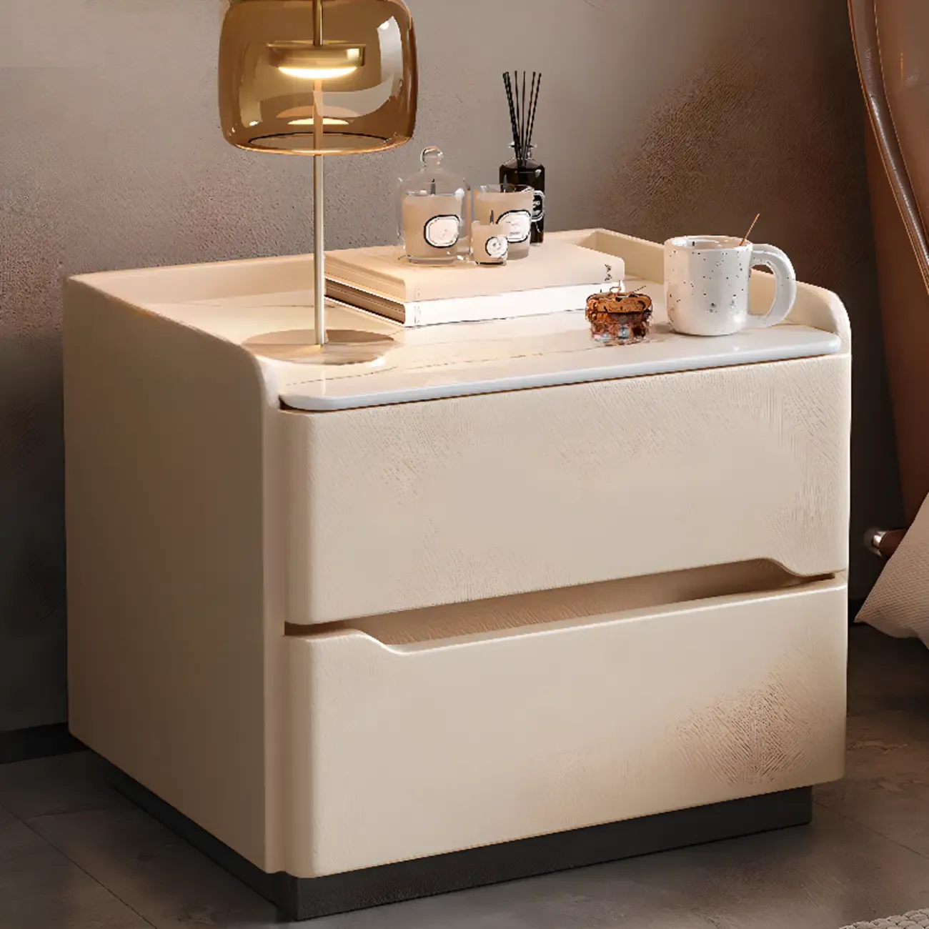 Modern Leather Tray Stone Top 2 Drawers Nightstand