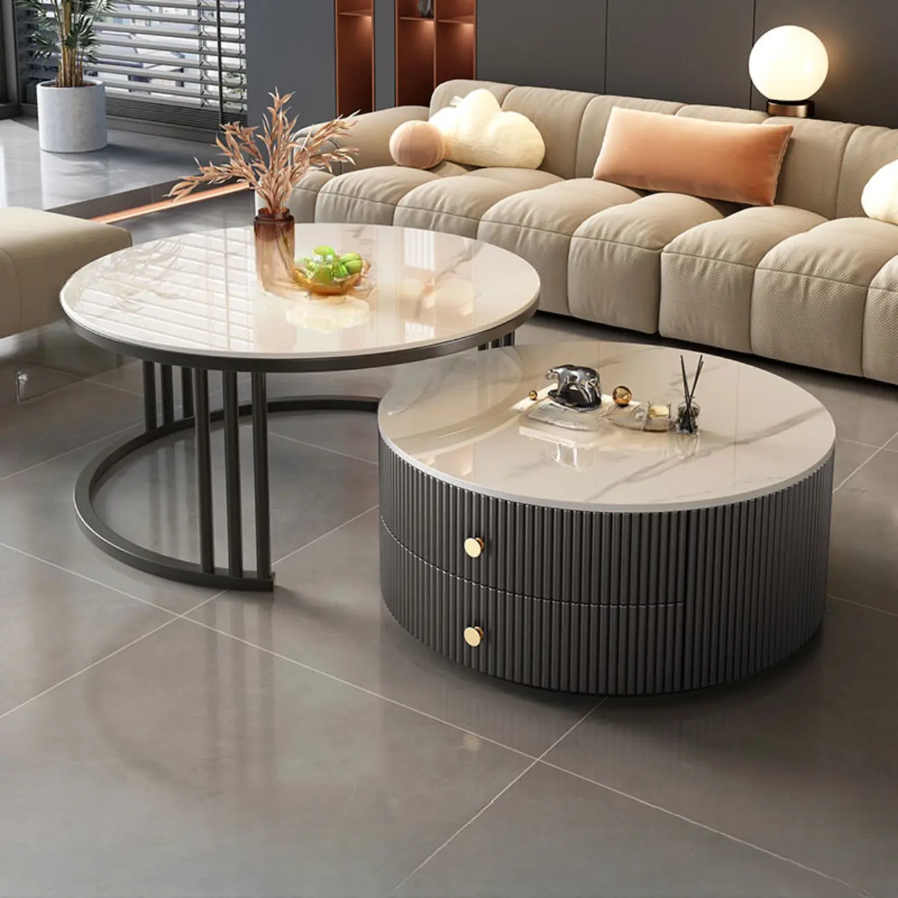 Modern White Round Nesting Coffee Table Set with Steel Base