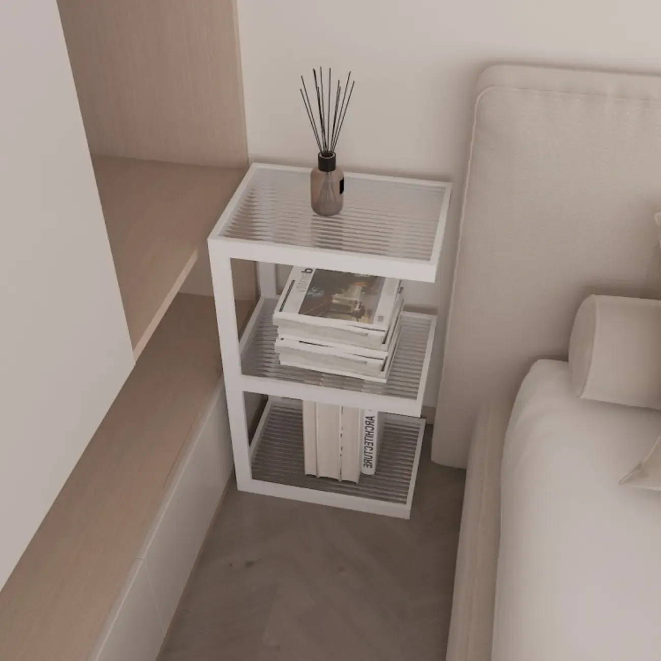 Extra Tall Simple Glass Top and Steel 3 Shelves Nightstand