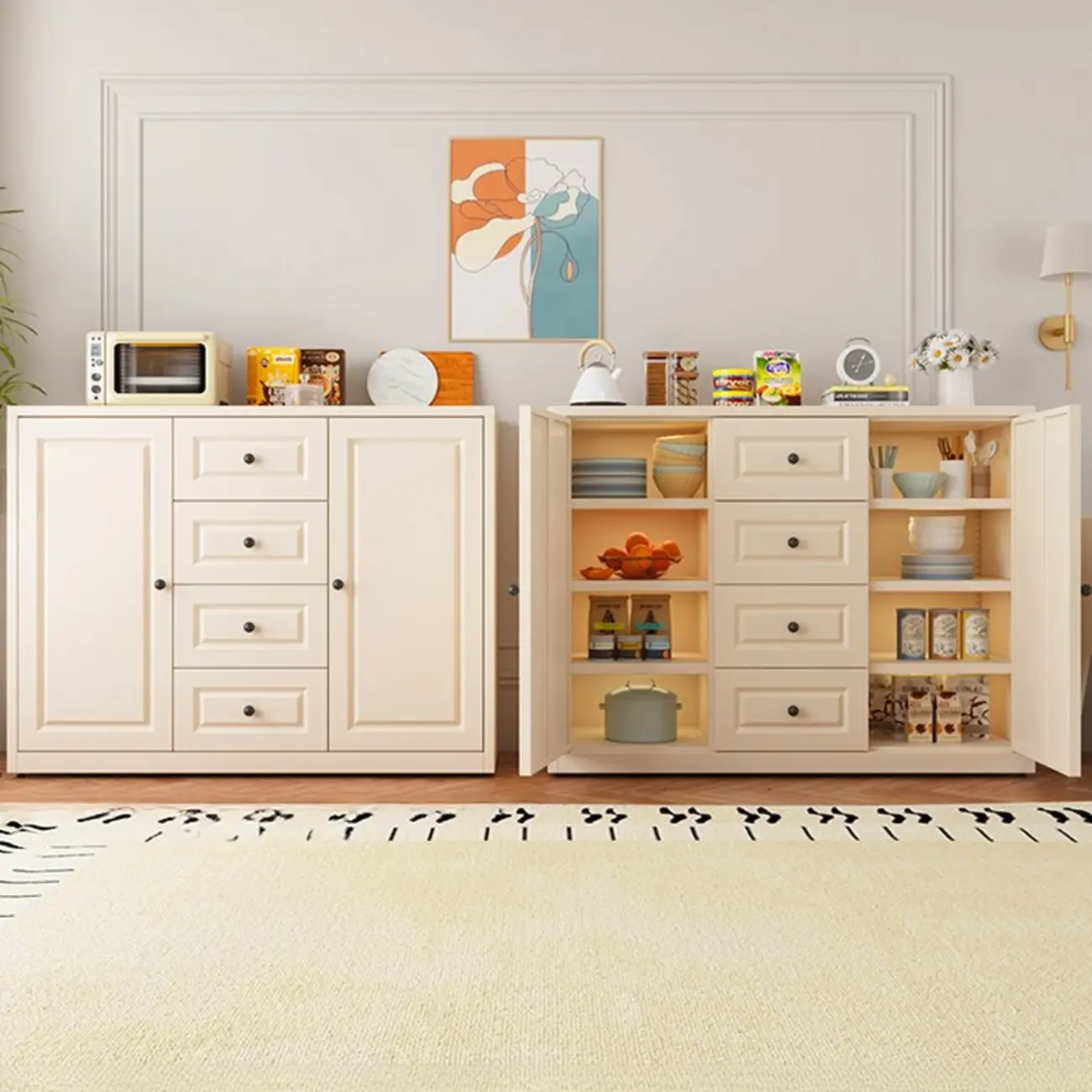 Narrow Metal White Buffet Cabinet with Drawer