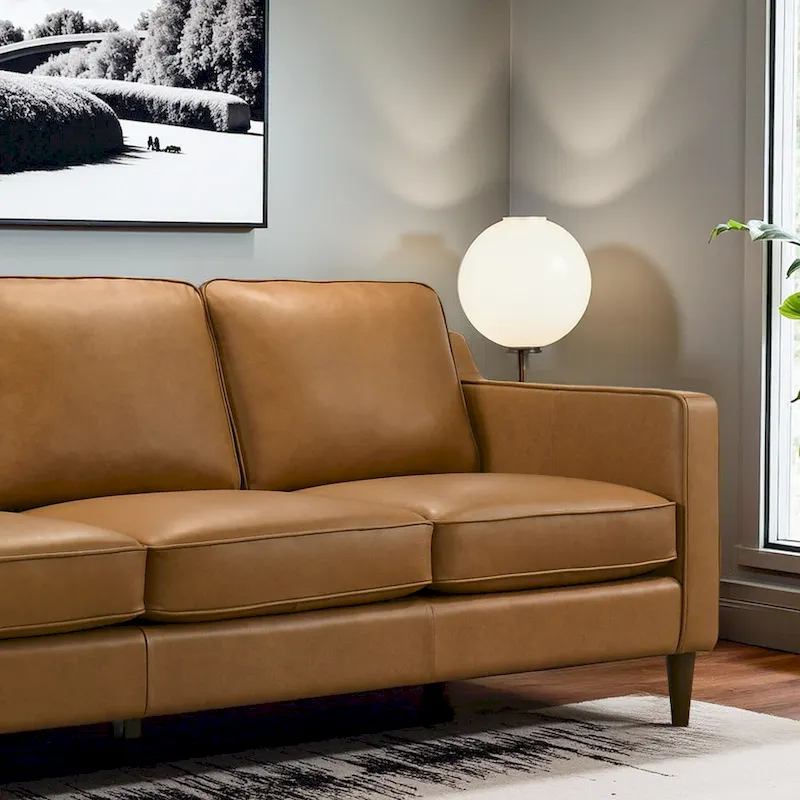 Mid Century Modern Genuine Leather Couches in Cognac Tan