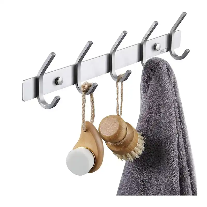 Black/Silver 5-Hook Towel & Robe Rack, 304 Stainless Steel, Wall Mount, Bathroom & Bedroom
