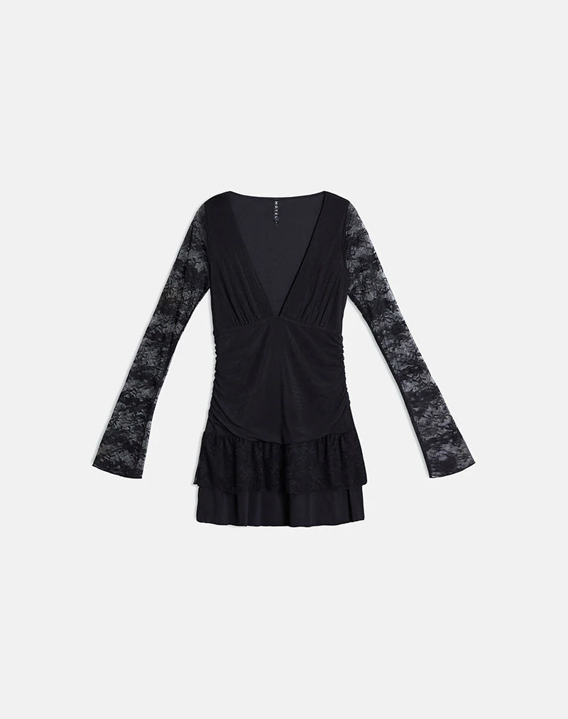 Mishal Long Sleeve Plunge Mini Dress in Lace Black