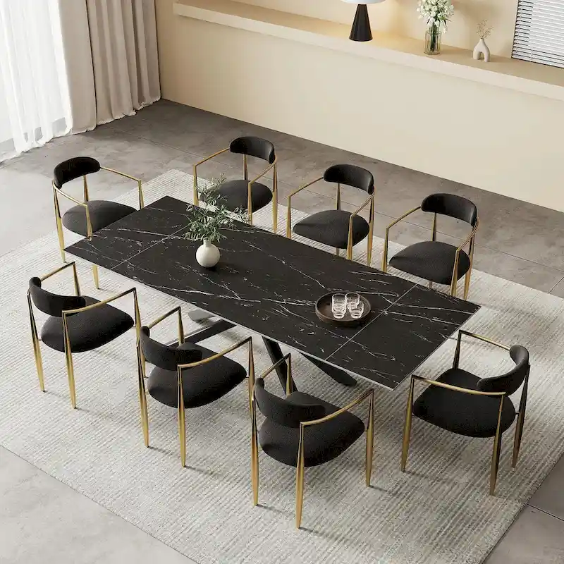 9 - Piece Extendable Sintered Stone Top Cross Legs Dining Set With 8 Fabric Chair