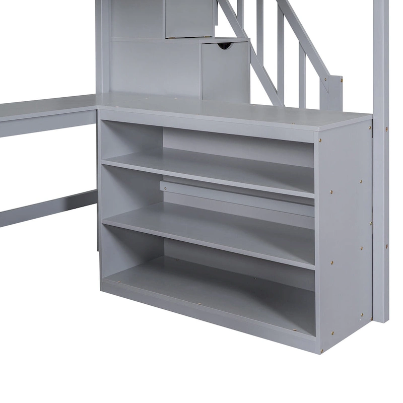 Gray Full Pine Wood Loft Bed with L-Shaped Desk
