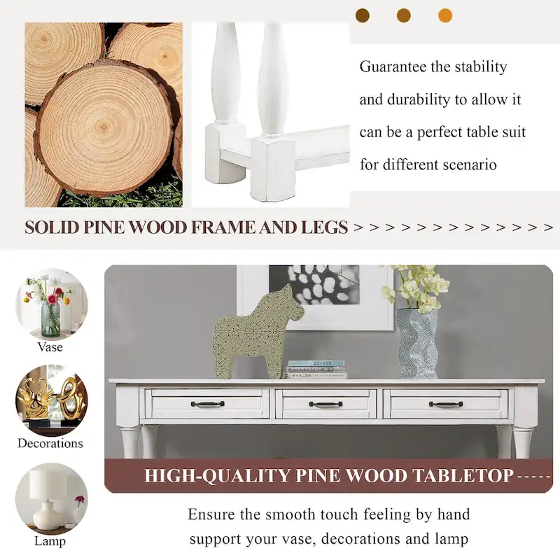 63inch Long Wood Console Table with 3 Drawers