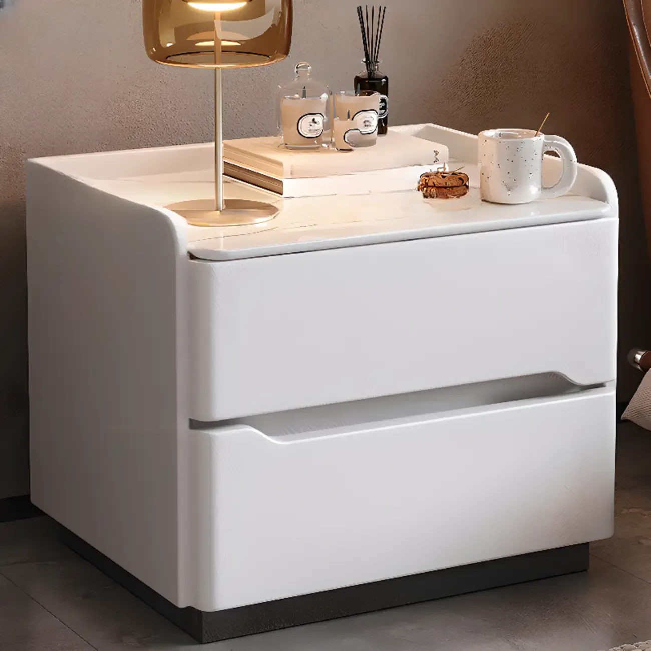 Modern Leather Tray Stone Top 2 Drawers Nightstand