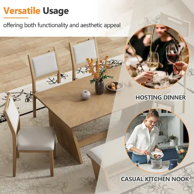 6 Pcs Dining Table Set, Wood Dining Kitchen Table and Chairs Set with Rectangular Table, 4 Upholstered Chairs and 1 Bench