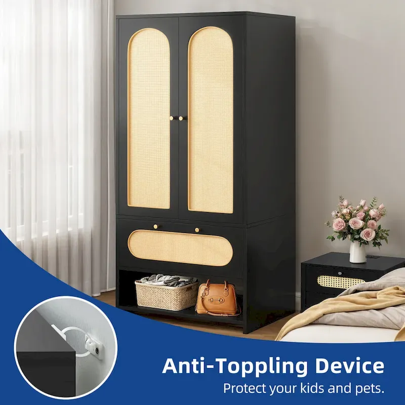 Moasis 70 Rattan Armoire Bedroom Wardrobe with Drawer & Hanging Rod
