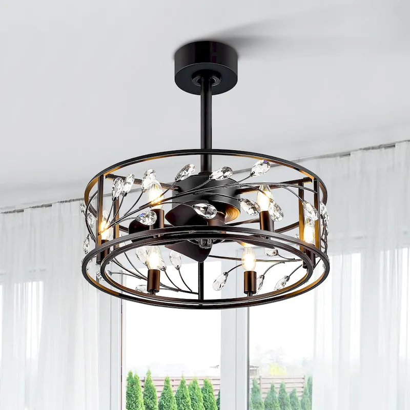 20  Black Caged Ceiling Fan with Crystal Light Kit Remote Control - 20 Inch