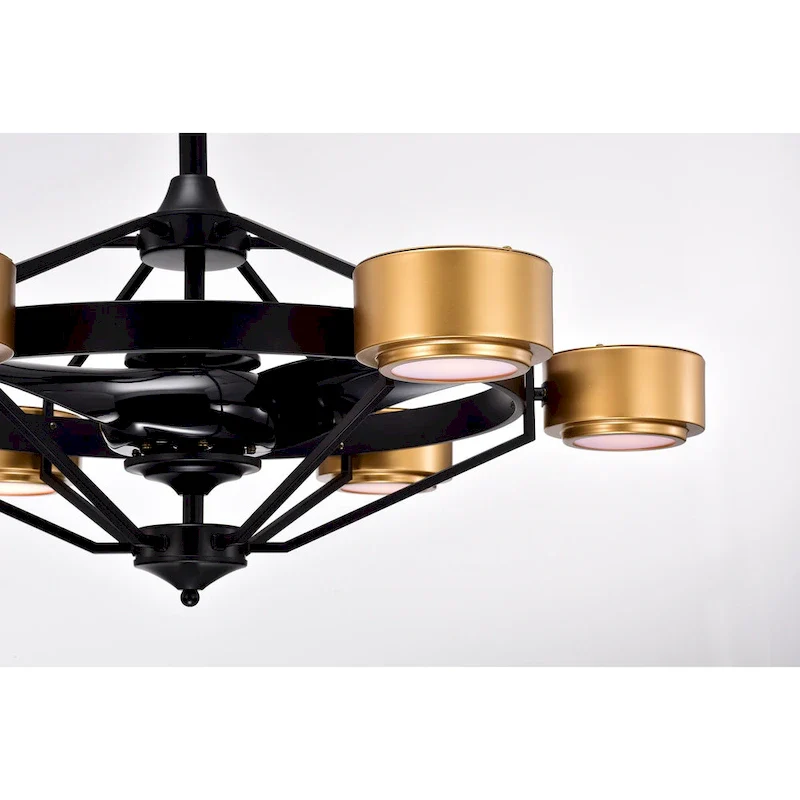 Larissa Matte Ceiling Fan Black+Gold 37-Inch 6-Light Open Metal Cage (Includes Remote)