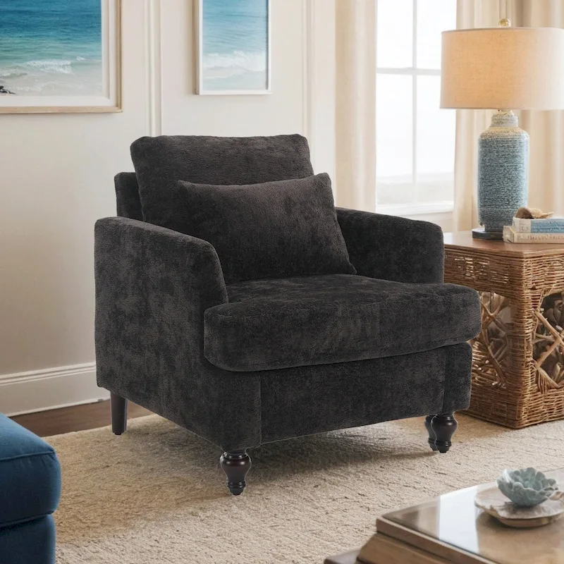 Chenille Single Sofa Chair, Upholstered Accent Chair with Soft Pillow, Mid Century Modern Reading Armchair