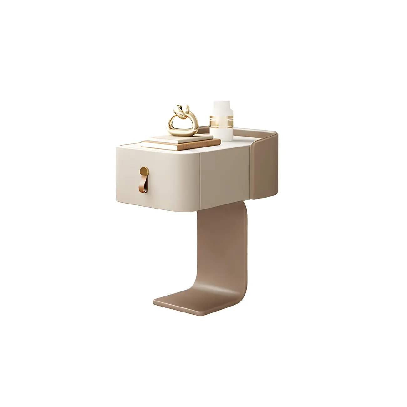 Khaki Stone Top Wood C-Shaped Nightstand with Drawer