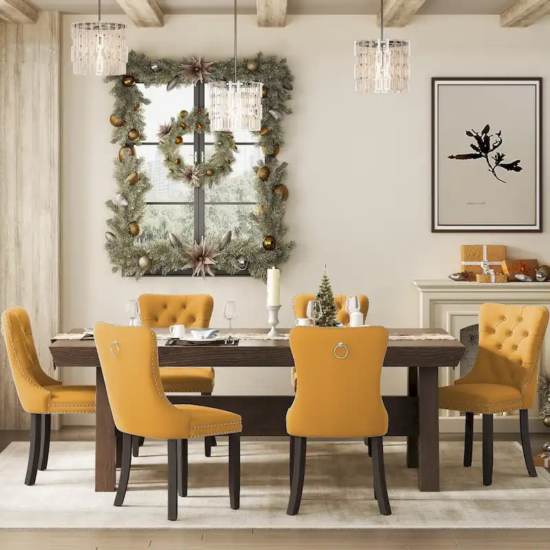 Upholstered Tufted Velvet Dining Chair with Solid Wood Legs Set of 6