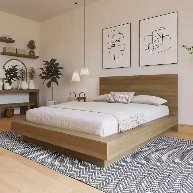 Platform Bed with Headboard, No Box Spring, Engineered Wood, Brown Oak/Natural Blonde Oak
