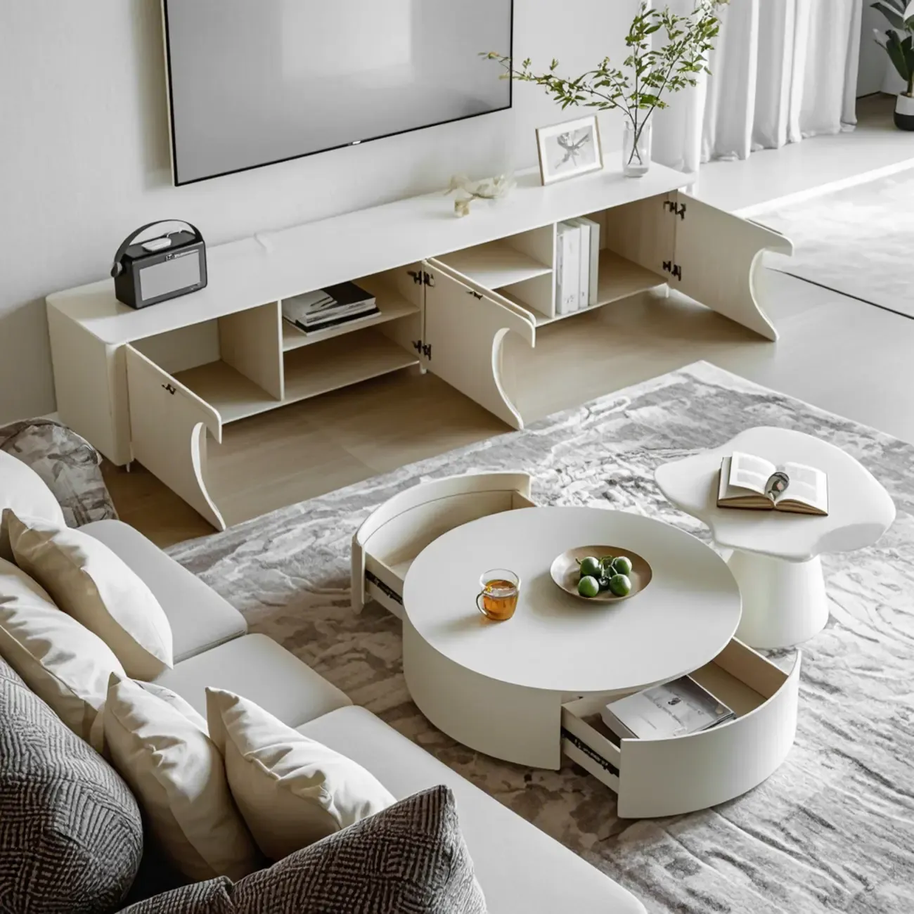 White Round Pedestal Modern Wood Drawer Coffee Table