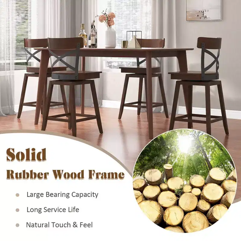 Costway Set of 4 Wooden Swivel Bar Stools Counter Height Kitchen Chairs w/ Back Brown