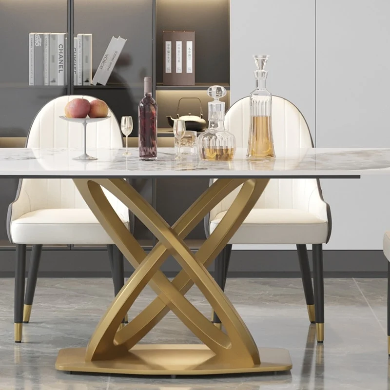 71 Modern Dining Table with Rectangular Sintered Stone Tabletop and Gold Base